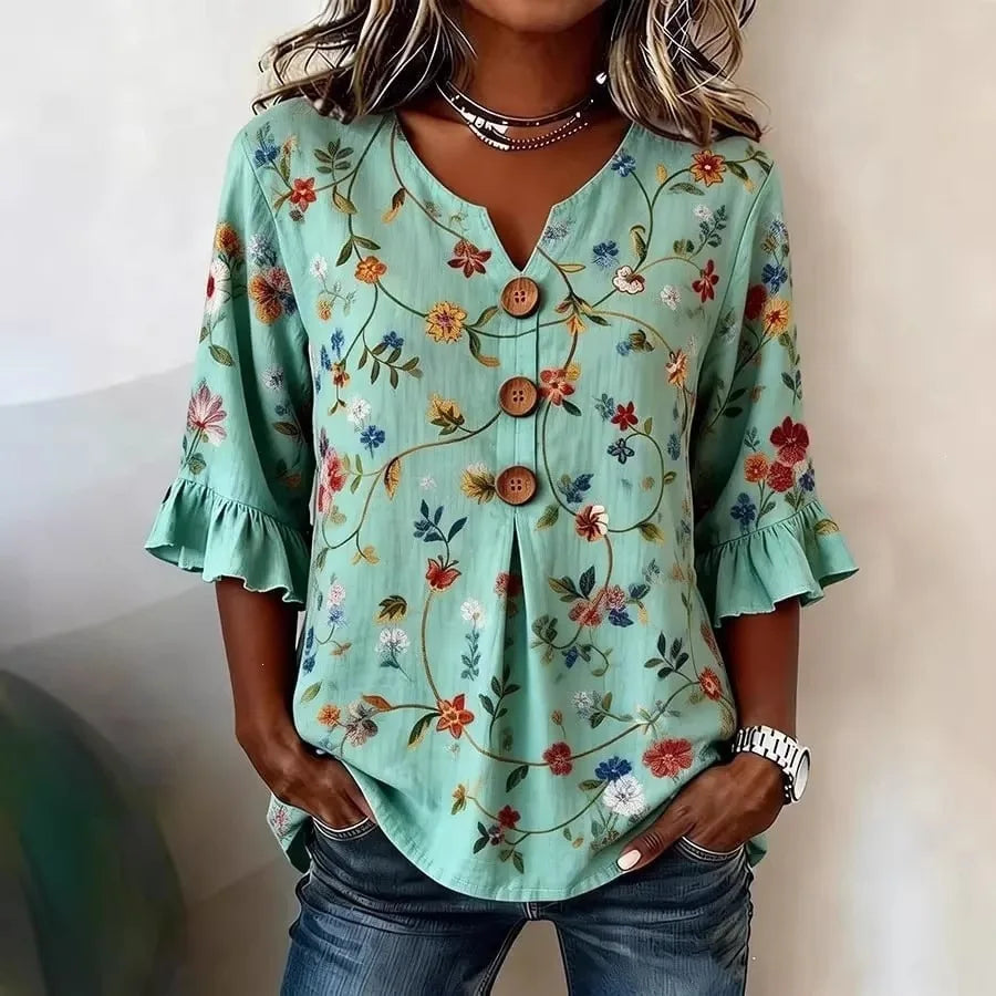 Magnolia | Blusa de verano con estampado floral vintage y botones