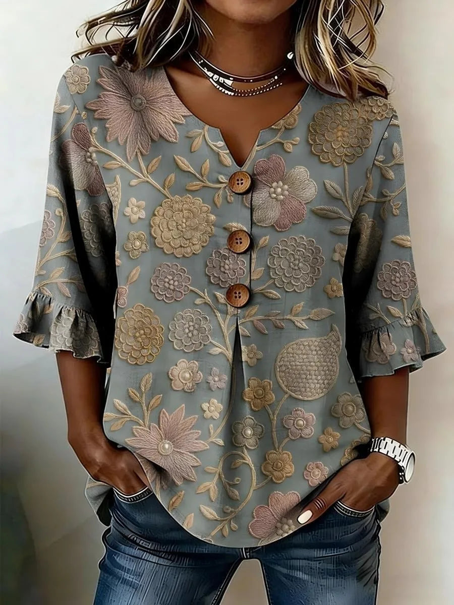 Magnolia | Blusa de verano con estampado floral vintage y botones