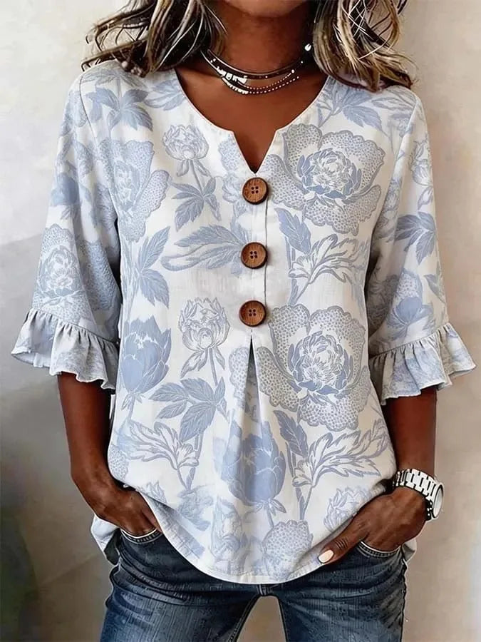 Magnolia | Blusa de verano con estampado floral vintage y botones
