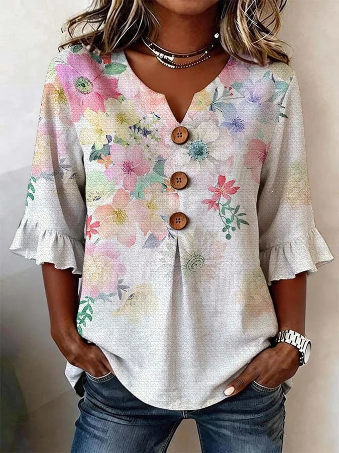 Magnolia | Blusa de verano con estampado floral vintage y botones